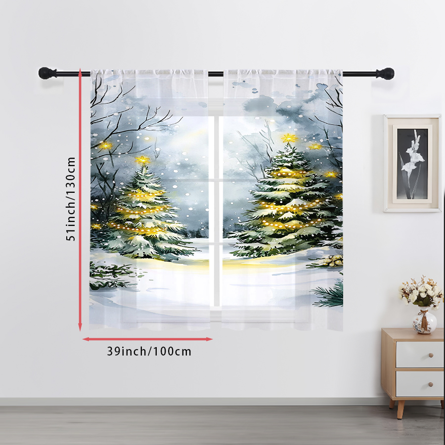 2PCS Sheer Curtains Watercolor - огляд і ціна Home Decor Xmas Tree